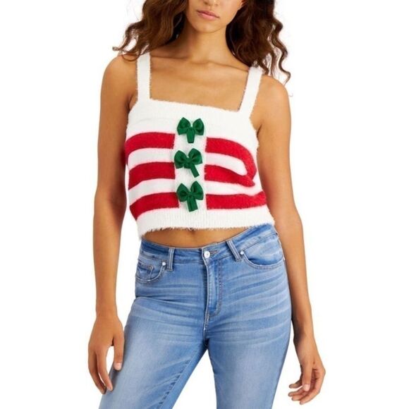 New Hooked Up by IOT Juniors Holiday Bow-Front Tank,Red, top M - Picture 5 of 7